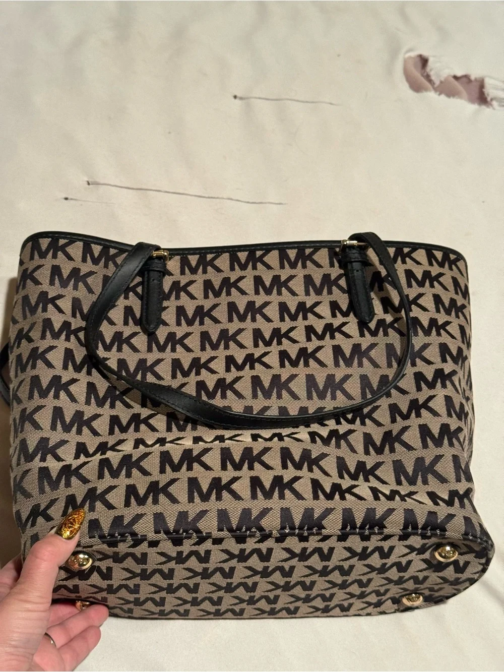 Michael Kors Beige and Black MK Logo Canvas Tote